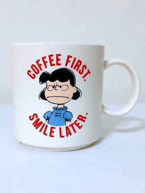 Hallmark Peanuts Lucy Coffee Mug White “Coffee First Smile Later” Snoopy Cartoon